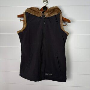 Marmot Black Soft Shell Vest With Faux Fur Hood Women's SIZE SMALL